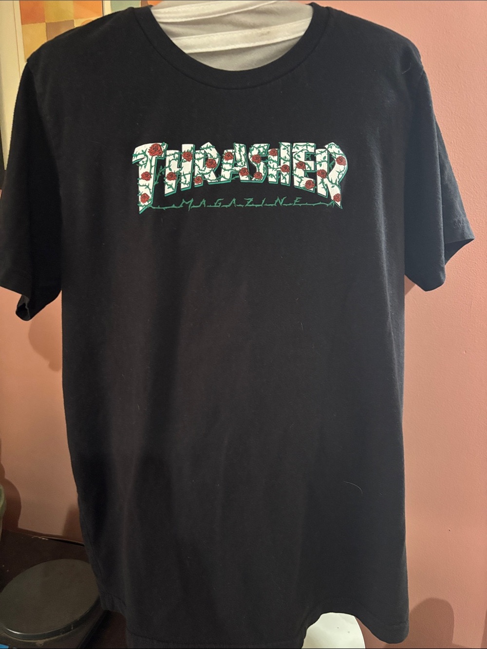 Thrasher Black Tee with Rose-Patterned Logo Size Medium